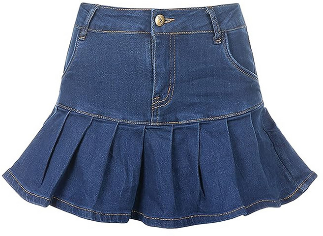 復古A字百褶牛仔短裙 附安全褲和口袋