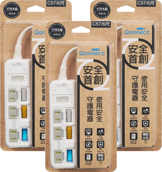 Qonnect 4開3插2P延長線, 1.8m, 白色, 3個