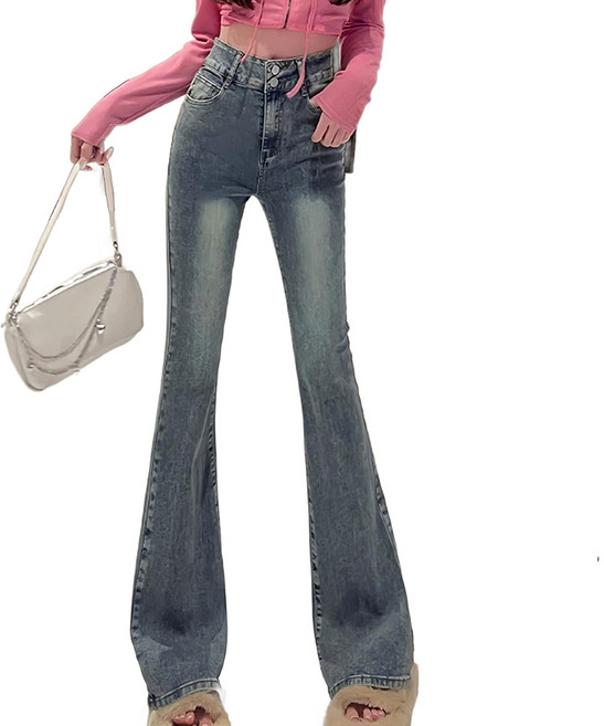 美式雙釦刷舊微喇叭牛仔長褲 HL6880