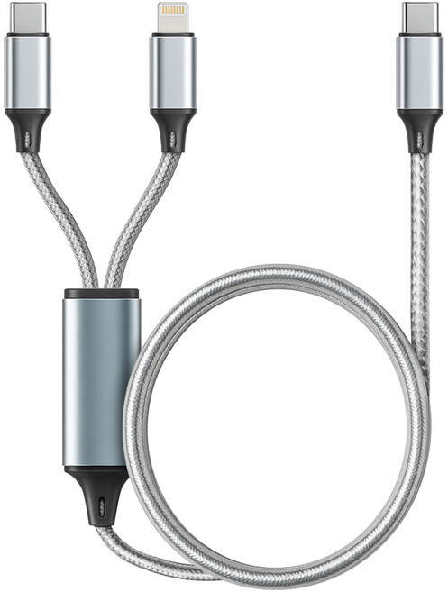 모잇 2in1 60W 멀티 고속충전 케이블 (C타입 + 8핀 아이폰), 실버, 1개, 0.7m