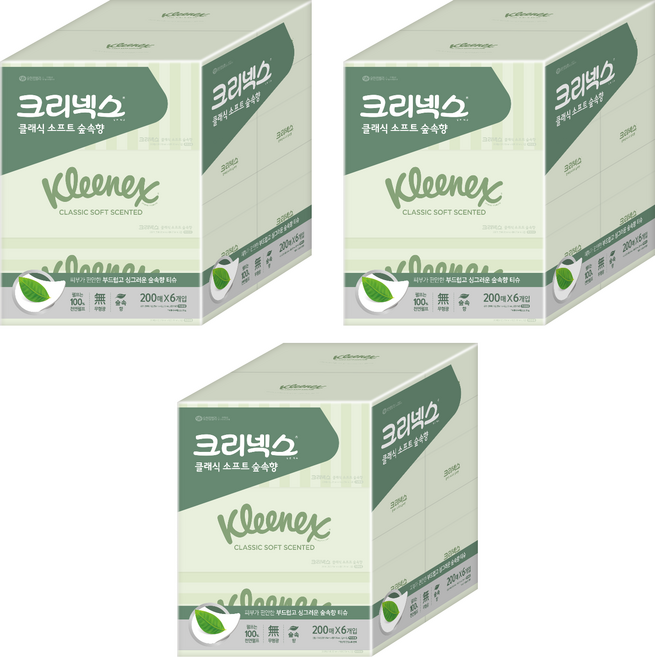 크리넥스 클래식 소프트 숲속향 천연펄프 미용티슈 2겹, 200매, 18개