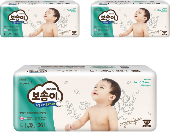 보솜이 리얼코튼 오가니크 밴드형 기저귀, 대형(L), 108매