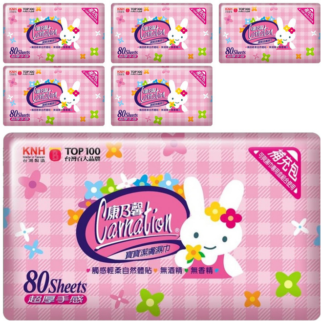 康乃馨 紅兔寶寶濕巾補充包, 80張, 6包