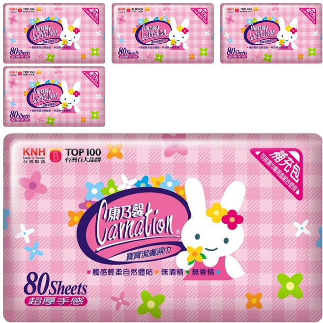 康乃馨 紅兔寶寶濕巾補充包, 80張, 5包