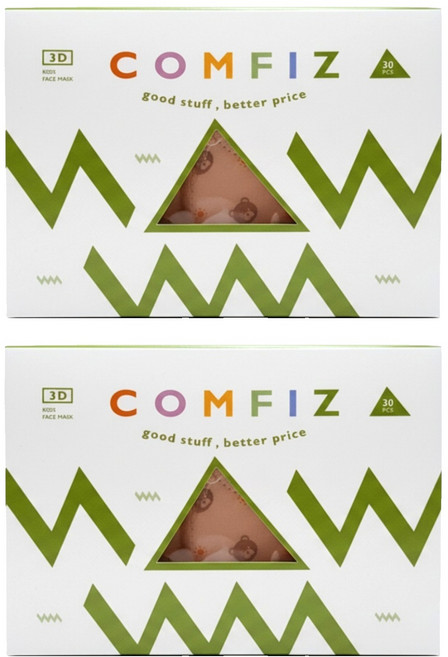 COMFIZ 康菲 3D兒童醫療口罩 7~12歲適用, 30片, 2盒, 熊寶貝 棕色