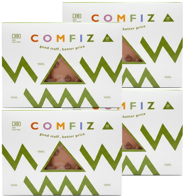 COMFIZ 康菲 3D兒童醫療口罩 7~12歲適用, 30片, 4盒, 熊寶貝 棕色