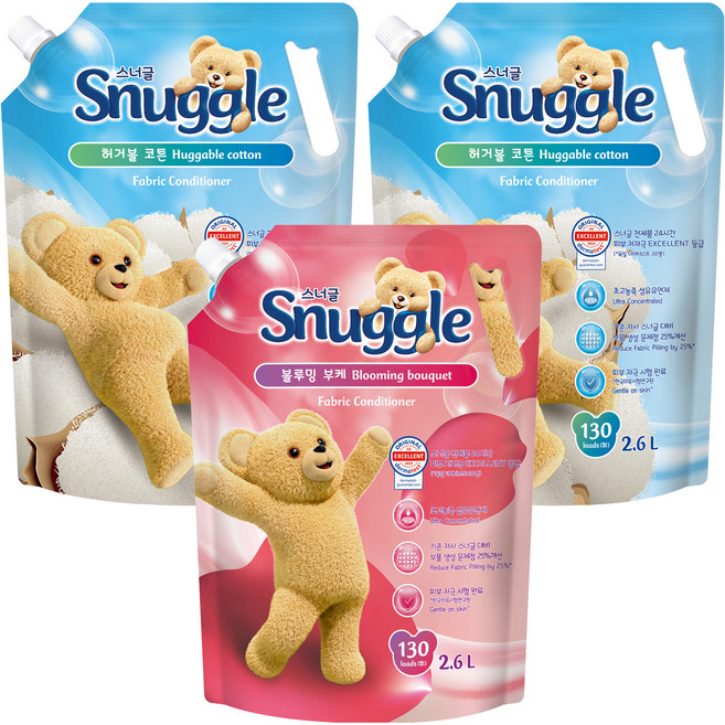 스너글 초고농축 섬유유연제 허거블 코튼 리필 2.6L 2개 + 블루밍 부케 2.6L 세트, 1세트