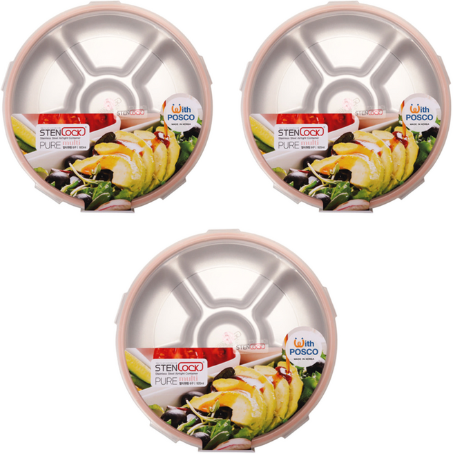 스텐락 퓨어 멀티 원형 밀폐용기 4호 6구, 3개, 920ml