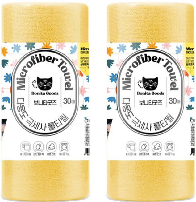 보니타굿즈 다용도 극세사 롤 행주타올 노랑 30 x 30 cm, 30개입, 2개