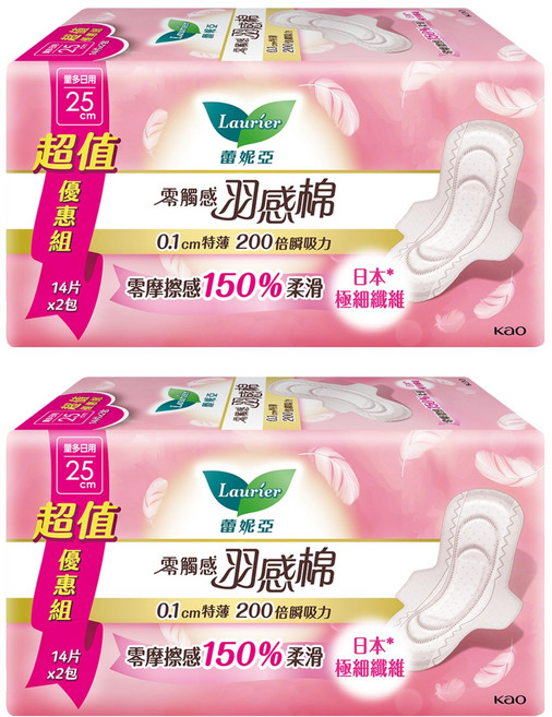 Laurier 蕾妮亞 台灣公司貨 零觸感特薄羽感衛生棉 量多日用加長型, 25cm, 28片, 2組