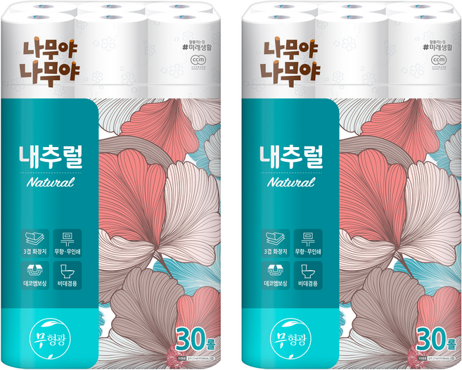 나무야나무야 내추럴 3겹 고급롤화장지, 27m, 30롤, 2개