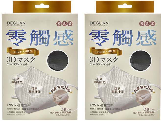 Deguan 德冠 成人3D立體醫用口罩, 極夜黑, 20片, 2盒