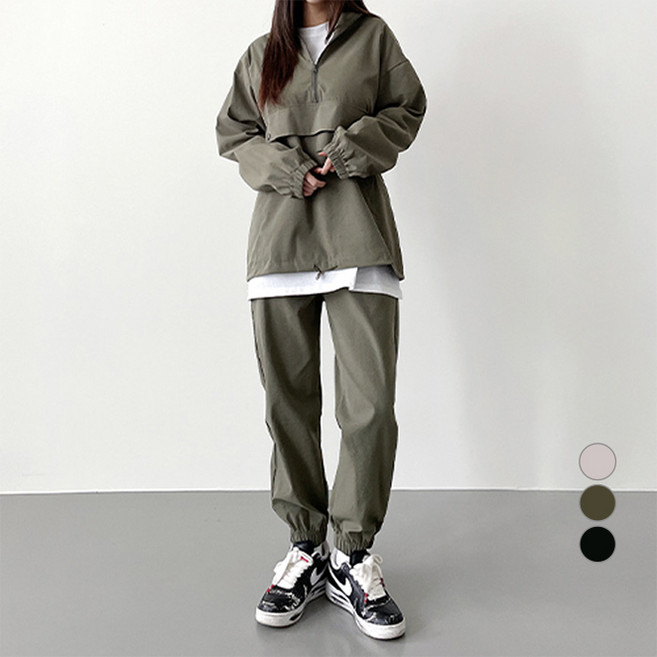 잘빠진 여성용 어반 아노락 반집업 조거 상하의 세트