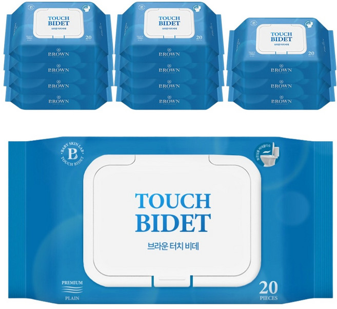 브라운 터치 비데 물티슈 물에 잘 녹는 화장실용 저자극 비데티슈 캡형, 55g, 20매입, 12개