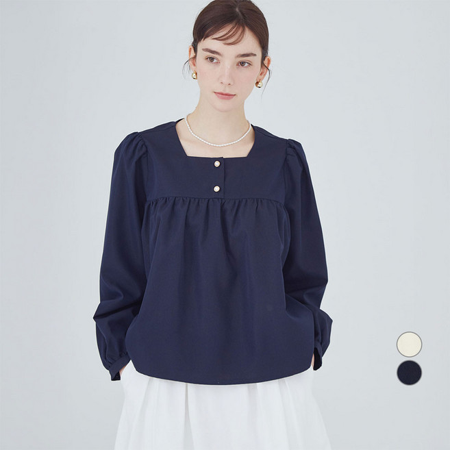 ELLE PARIS 스퀘어넥 진주버튼 셔링 블라우스