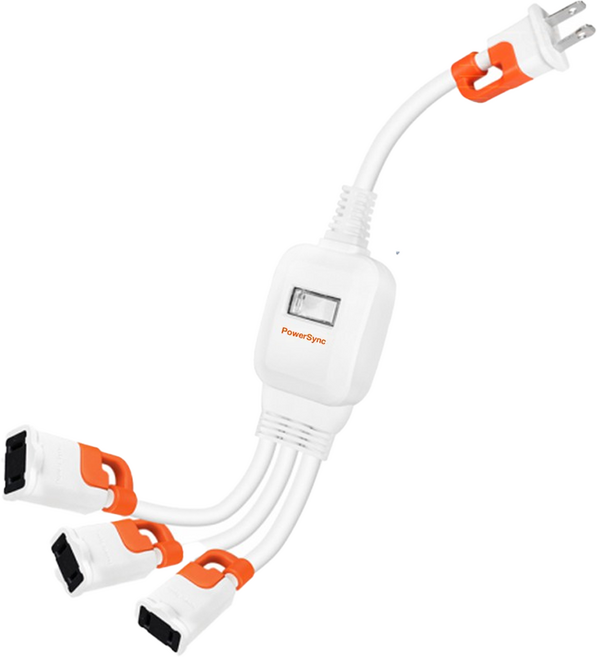 PowerSync 群加 2P一對三抗搖擺分接延長用電源線組 3插座 TS3WB003 170g, 37cm, 白色 + 橘色, 1入