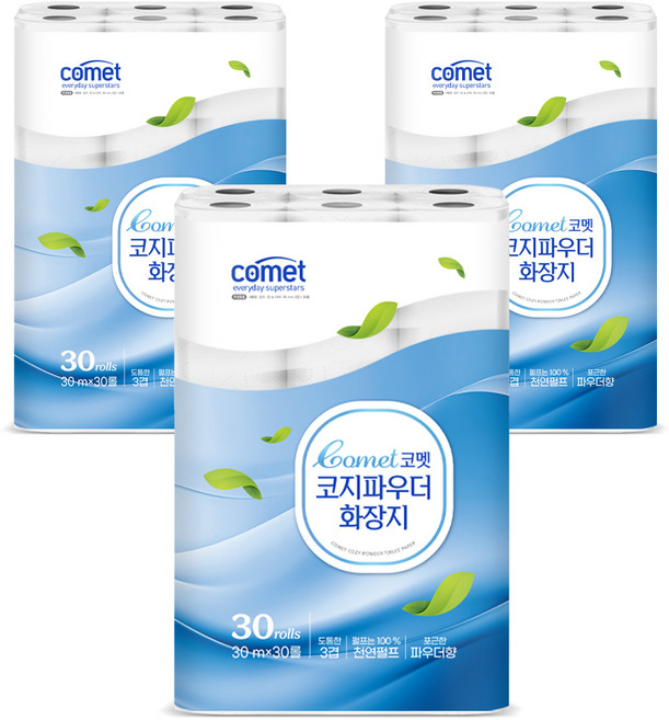코멧 코지 파우더 도톰한 3겹 화장지 30m, 30롤, 3개