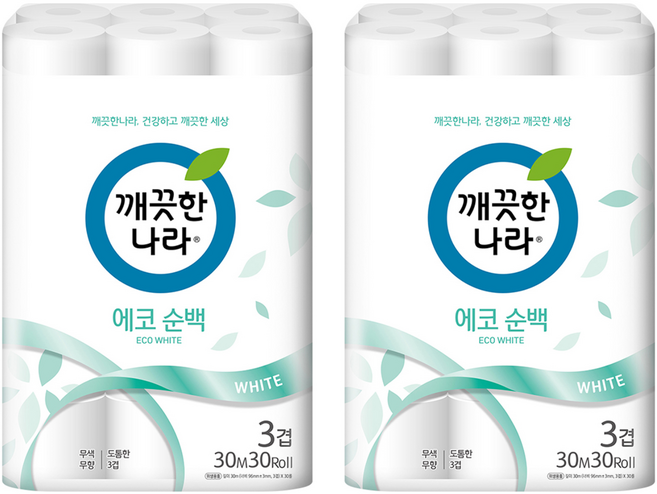 깨끗한나라 데코 에코순백 3겹 롤화장지, 30m, 30롤, 2개