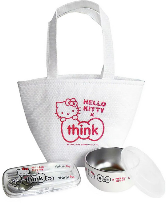thinkbaby Hello Kitty x Thinkbaby 聯名餐具組, 寶貝湯碗 + 湯匙 + 叉子 + 餐具收納袋, 白色, 1組