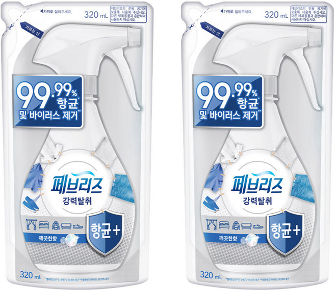 페브리즈 강력 탈취 항균 플러스 깨끗한향 섬유 탈취제 리필, 320ml, 2개