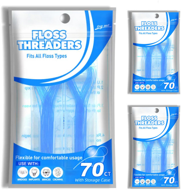 닥터치카 FLOSS THREADERS 교정용 브릿지 치실 홀더, 70개입, 3개