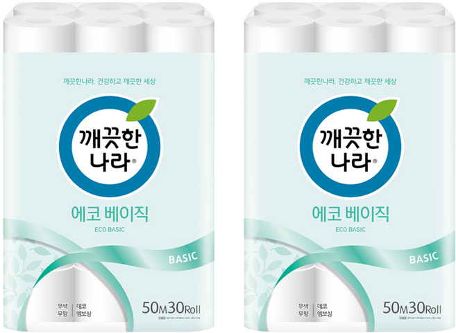 깨끗한나라 에코 베이직 2겹 롤화장지, 50m, 30개입, 2개