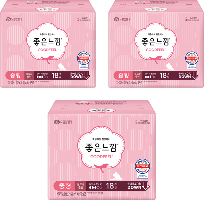 좋은느낌 오리지널 울트라슬림 생리대 날개형, 중형, 18개입, 3개