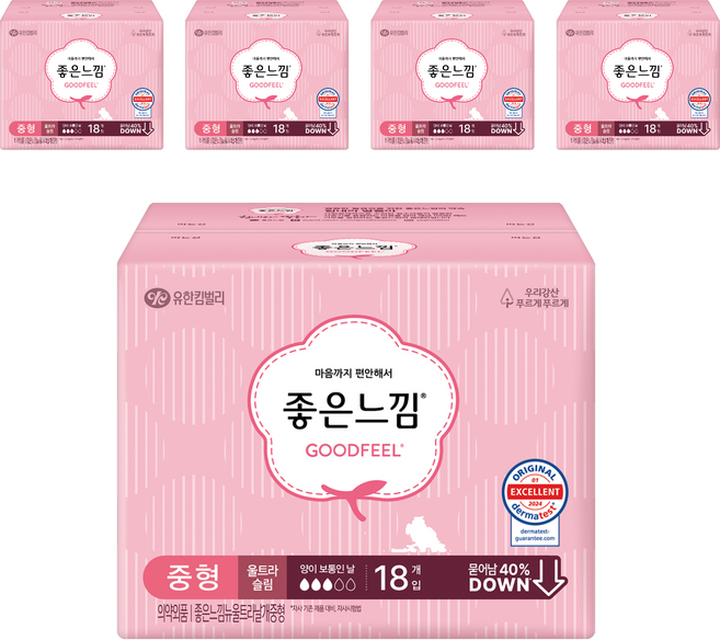 좋은느낌 오리지널 울트라슬림 생리대 날개형, 중형, 18개입, 5개