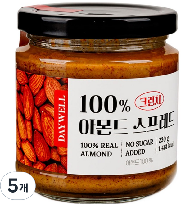 Daywell 100% 杏仁帶脆粒抹醬 無糖, 230g, 5個