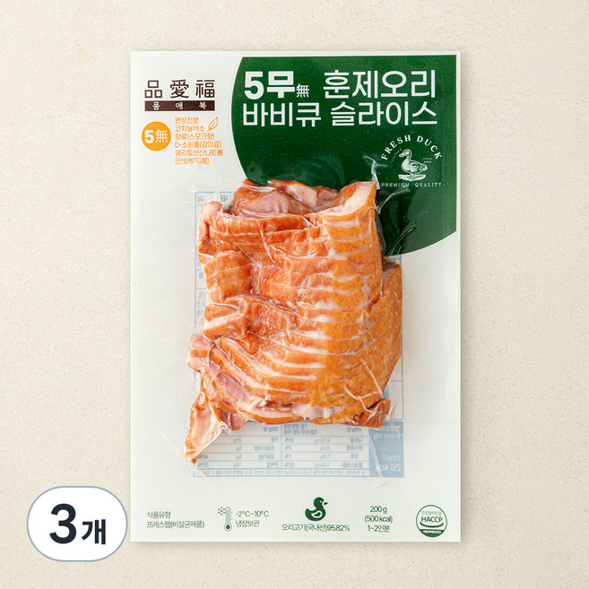 품애복 5무 훈제 오리 슬라이스, 200g, 3개
