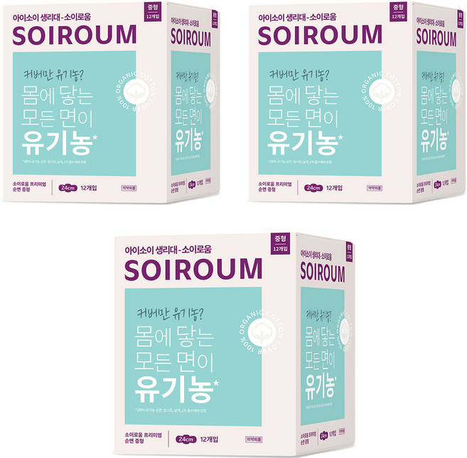 소이로움 프리미엄 순면 생리대 날개형, 중형, 12개입, 3개