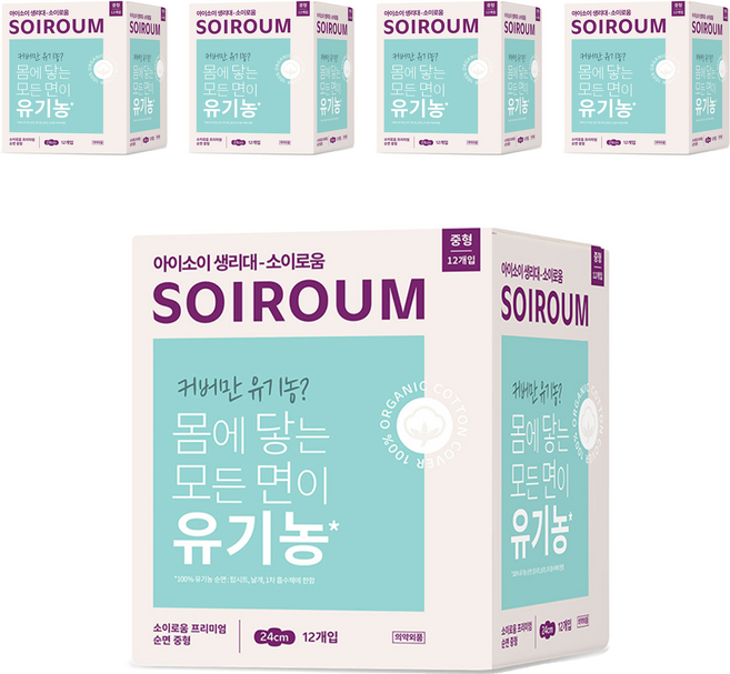 소이로움 프리미엄 순면 생리대 날개형, 중형, 12개입, 5개