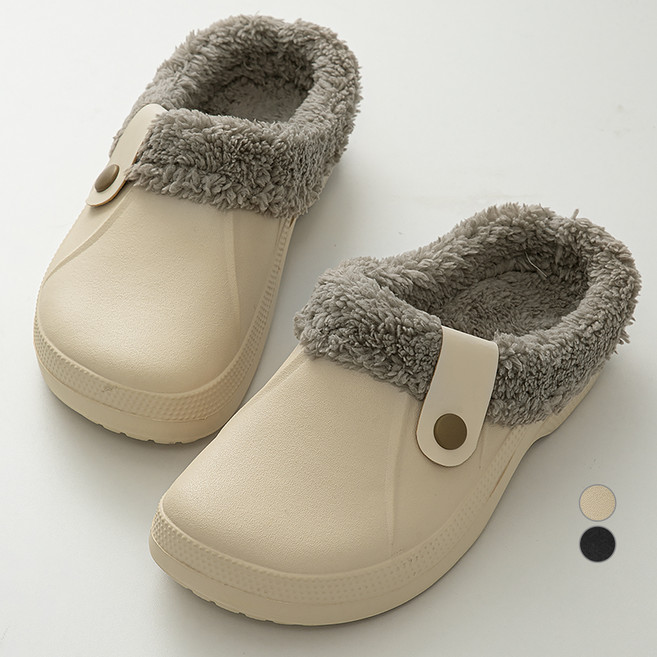 CARET 鈕扣設計冬季毛絨拖鞋, Beige, 270