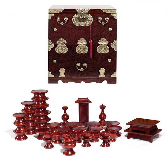 남원목기 문화재 물푸레 제기 49p + 오동나무 앞닫이 제기함, 1세트, 제기 49p + 제기함