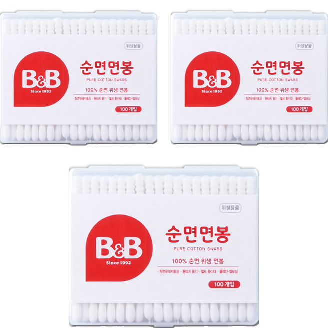 비앤비 순면 유아면봉 사각, 100개입, 3개