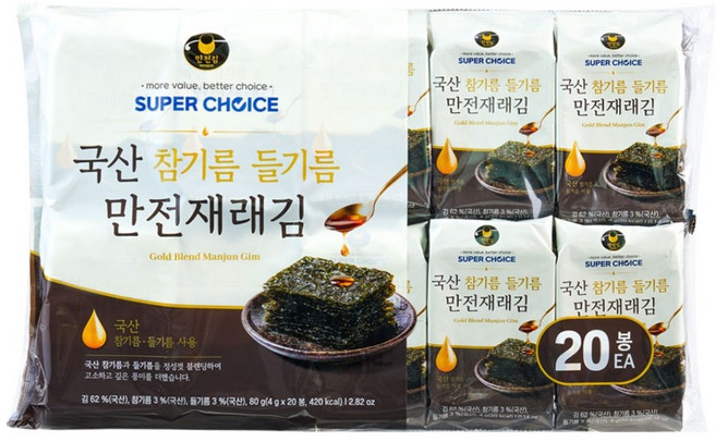 만전김 국산 참기름 들기름 재래김, 4g, 20개