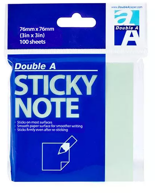Double A 可再貼便條紙 76mm x 76mm, 粉綠色, 100張, 1包