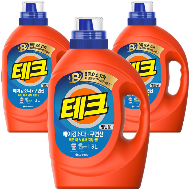 테크 베이킹소다 플러스 구연산 뉴 액체세제 본품, 3L, 3개