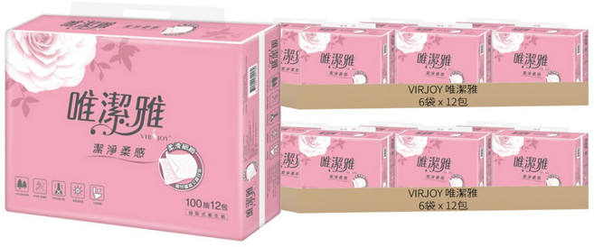 VIRJOY 唯潔雅 抽取式衛生紙 原生紙漿 100張, 12包, 12袋