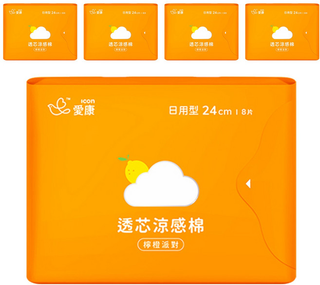 icon 愛康 透芯涼感衛生棉 檸橙派對 日用型, 24cm, 8片, 5包