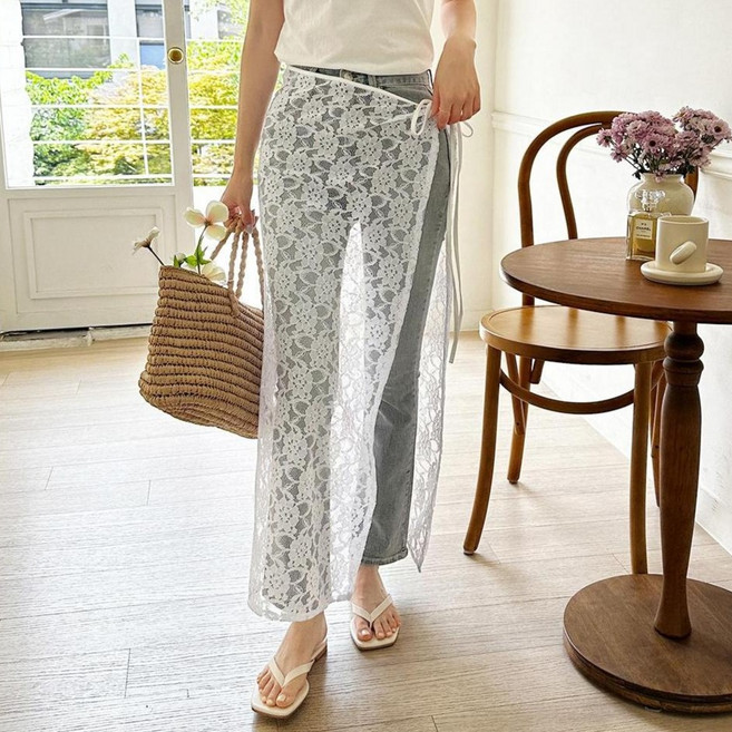 세이스타일 여성용 솔티 레이스 레이어드 랩 롱 스커트