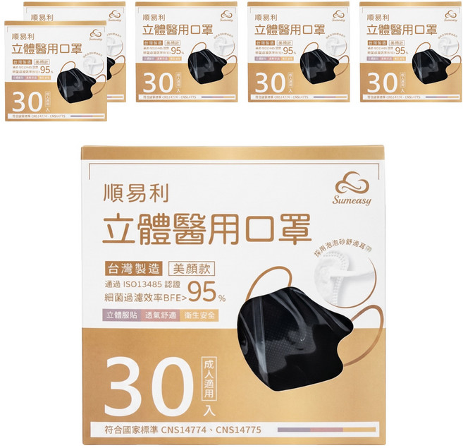 順易利 成人立體醫用口罩 美顏款 M, 黑色, 30片, 6盒
