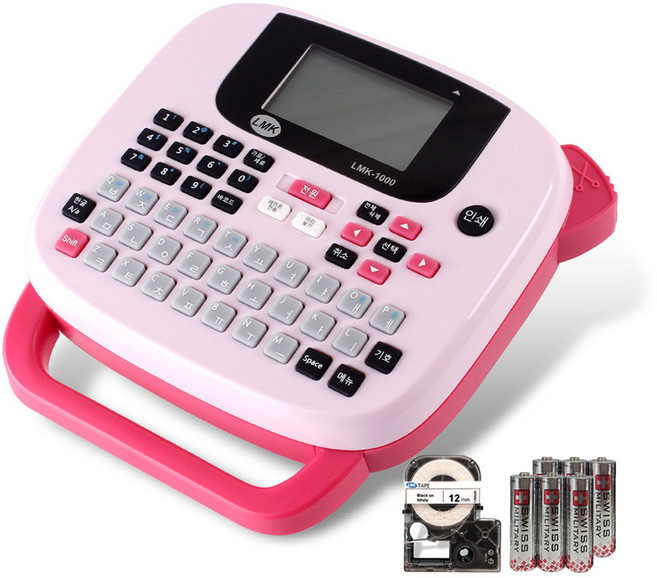 로드메일코리아 휴대용 라벨프린터+12MWK 라벨테이프+건전지, LMK-1000(핑크), 1개