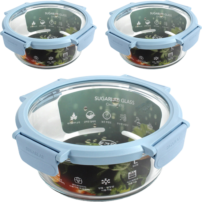 슈가랩 녹색인증 글라스 원형 밀폐용기, 3개, 970ml