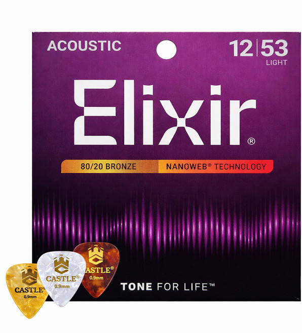 엘릭서 나노웹 80/20 브론즈 라이트 어쿠스틱 기타 줄 + 캐슬 피크 3p, 11052(기타줄), 랜덤발송(피크), 1개