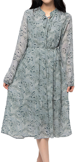 CARET 女款碎花雪紡洋裝 繫帶 襯衫領 長版, 淺藍