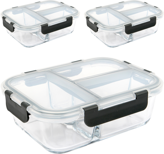 글라스듀 직사각 내열유리 세칸찬통 1040ml 그레이, 3세트, 본체 + 뚜껑