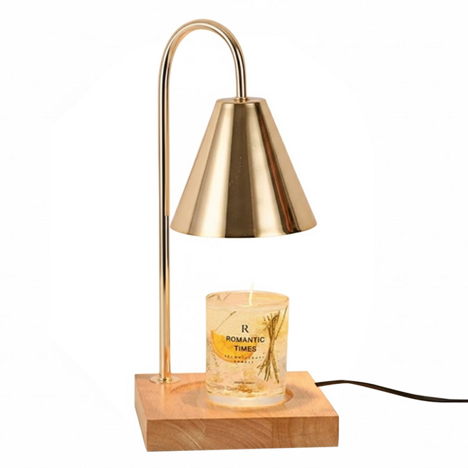 香薰融蠟燈 木+五金+電鍍 15*15*34CM, 原木香檳金