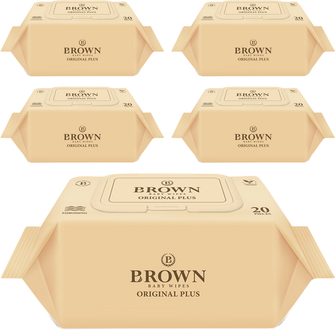 브라운 오리지널 플러스 도톰한 물티슈 엠보싱 저자극 휴대캡형, 55g, 20매, 5개