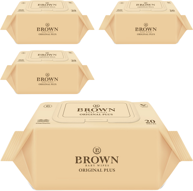 브라운 오리지널 플러스 도톰한 물티슈 엠보싱 저자극 휴대캡형, 55g, 20매, 4개